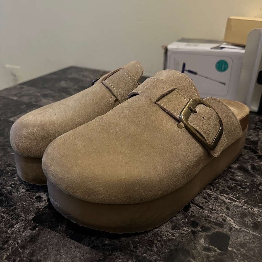 Tan Suede Platform Clogs with Buckle